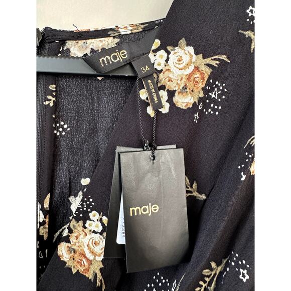$415 Maje Floral Bohemian Mini Dress Womens Size 34 V Neck Long Puff Sleeves NWT - Picture 4 of 8
